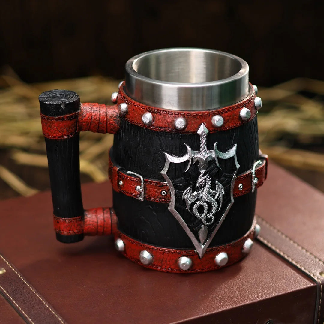 Medieval vintage viking mug dragon sword and shield beer resin stainless steel wooden barrel tankard coffee wine cup