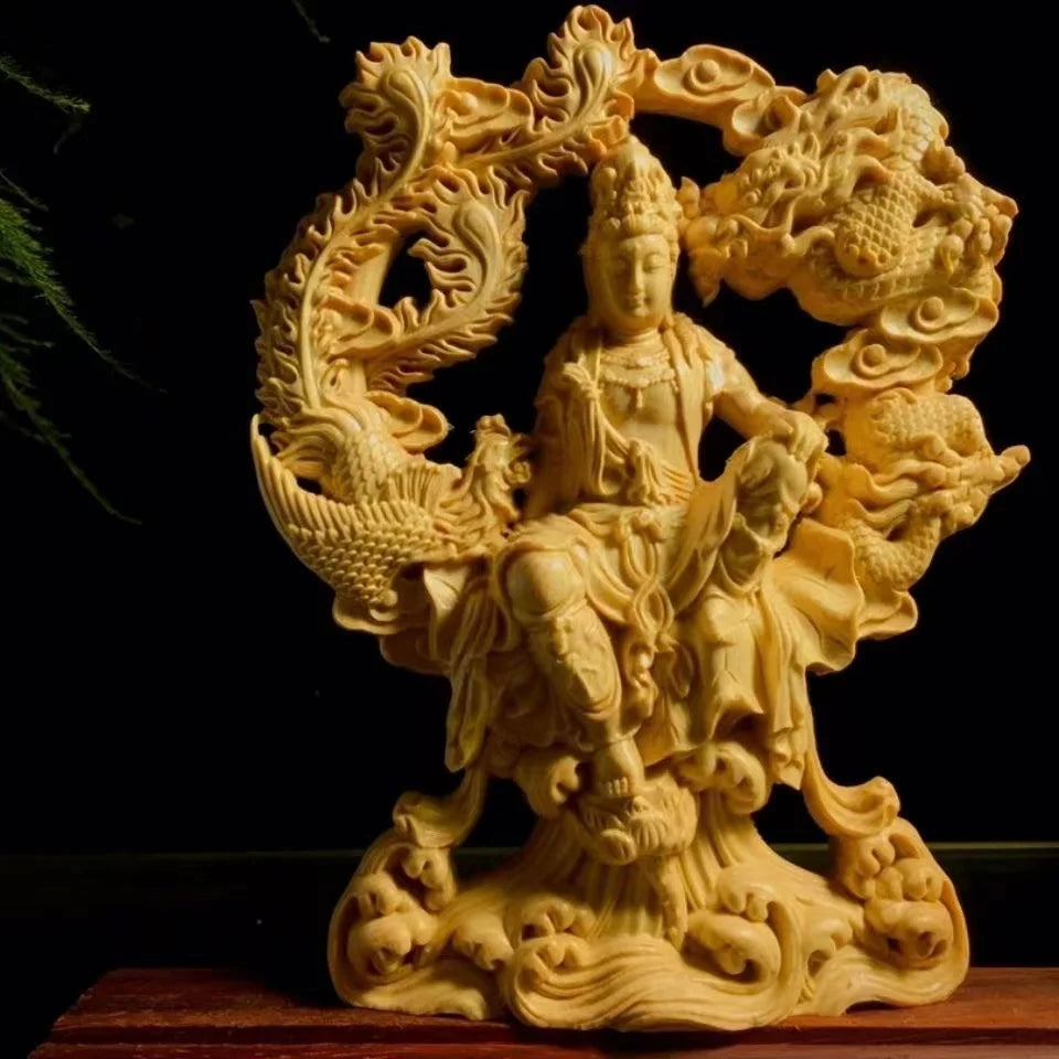 Chinese guanyin woodcarving dragon and phoenix statue solid wood carving home decor buddha - 22x21x4.5cm - religious