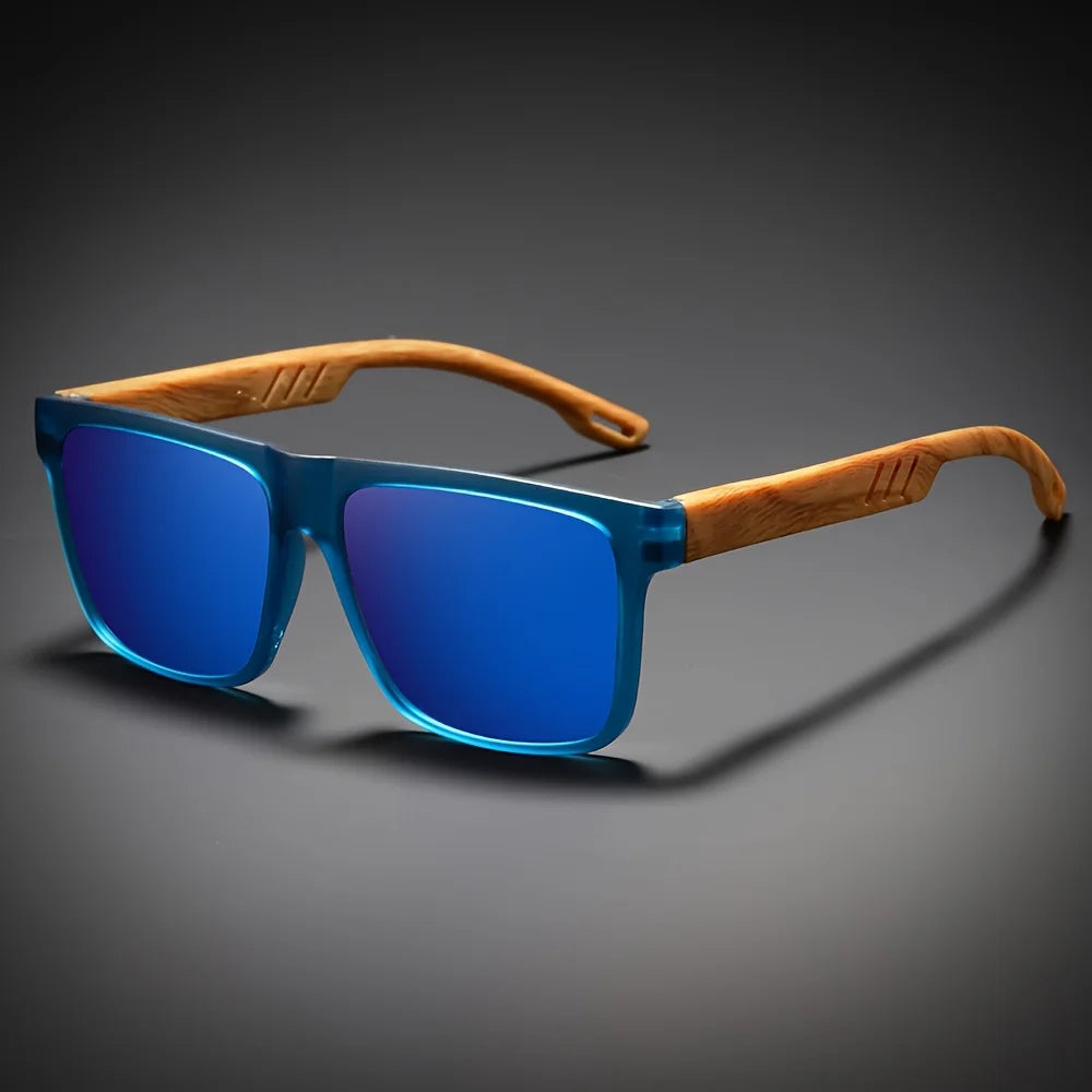 Retro square sunglasses wood-grain temple lightweight spring hinges uv400 daily casual unisex vintage eyewear - united