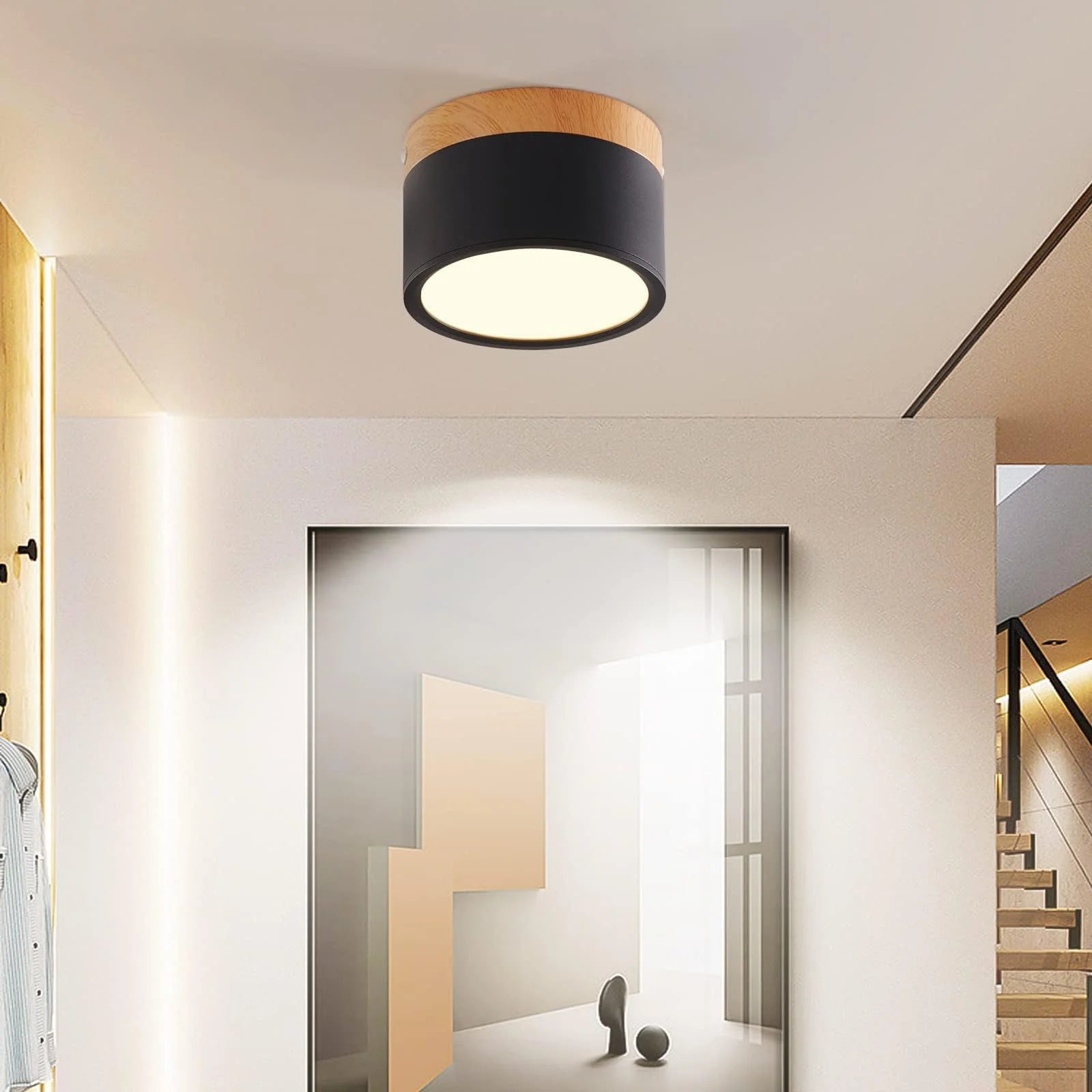 Modern led ceiling light wood spotlight 3-color dimmable mini round black lamp for living room corridor home decor 7w