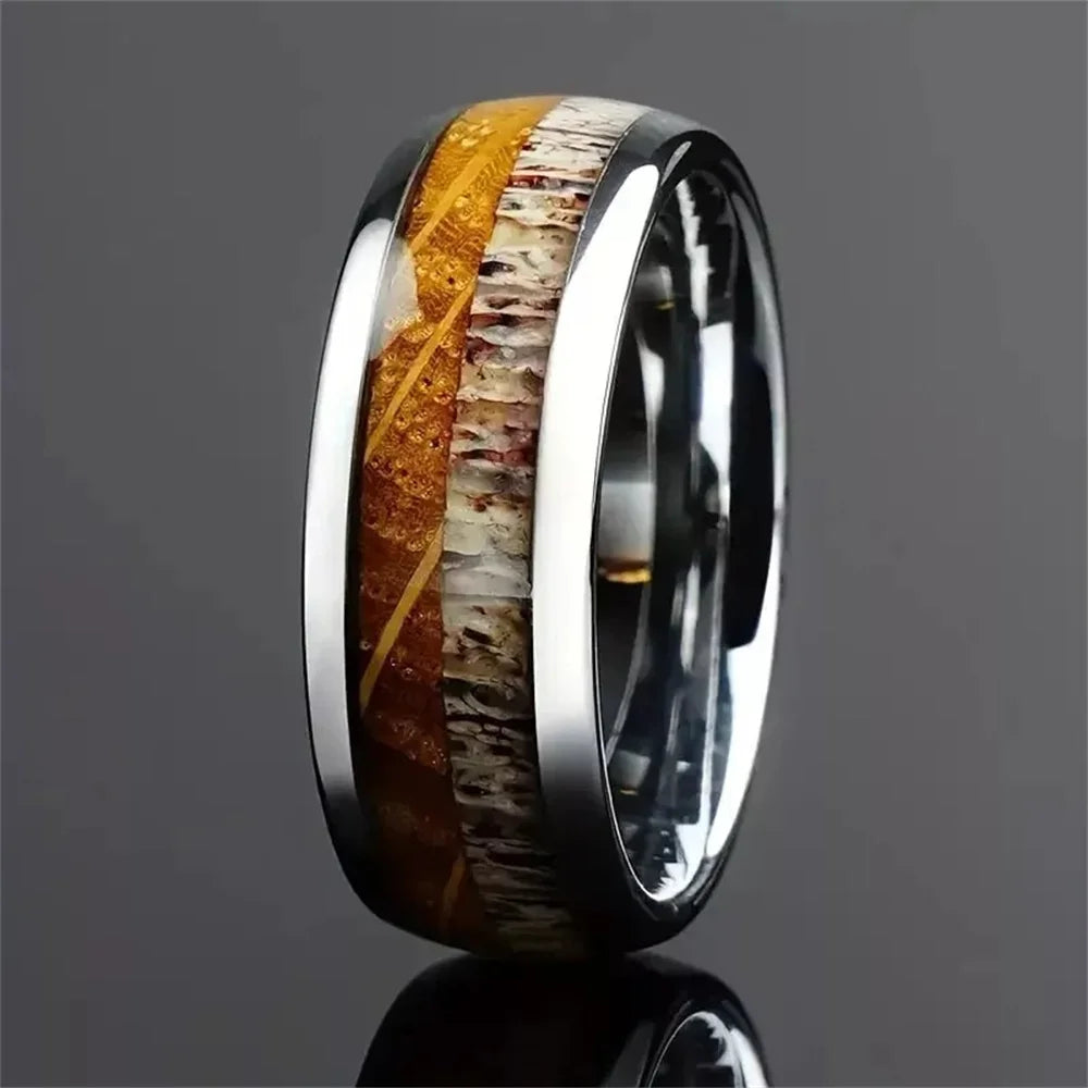 Deer antler ring stainless steel wedding band koa wood men turquoise mens jewelry - s9 / china / 11