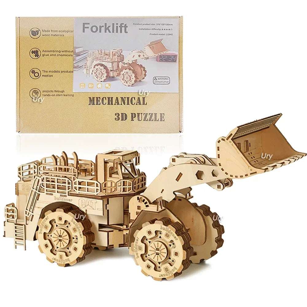 Ury 3d wooden puzzle movable retro biplane crane bulldozer handmade assembly truck model diy toys decoration gift