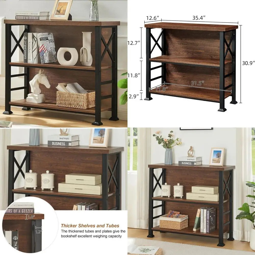 Hombazaar book shelf,3 tier small bookshelf with metal frame and backboard,rustic brown deep bookcase engineered wood