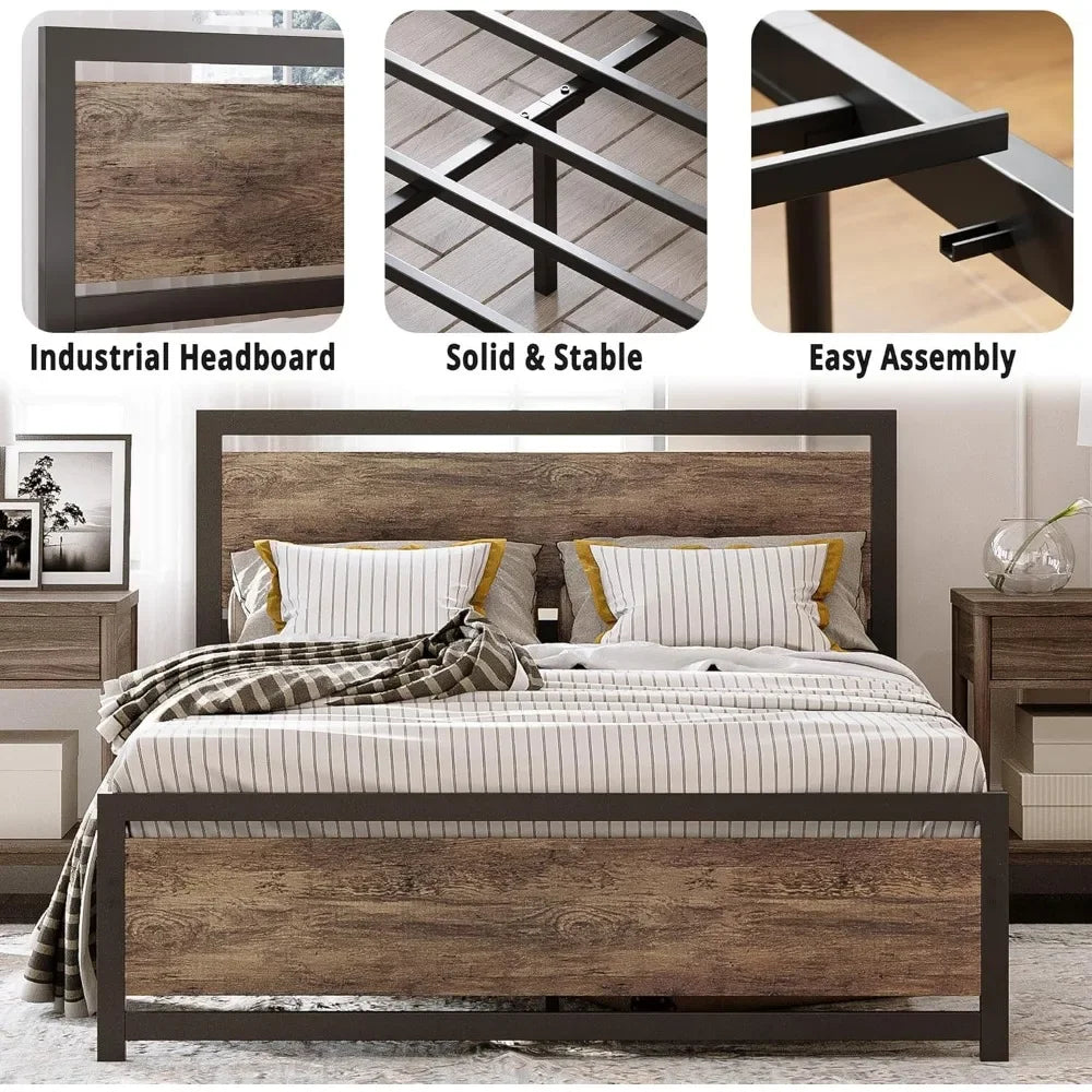 King size bed frame with headboard and footboard metal strong supports easy assembly noise-free no box spring needed