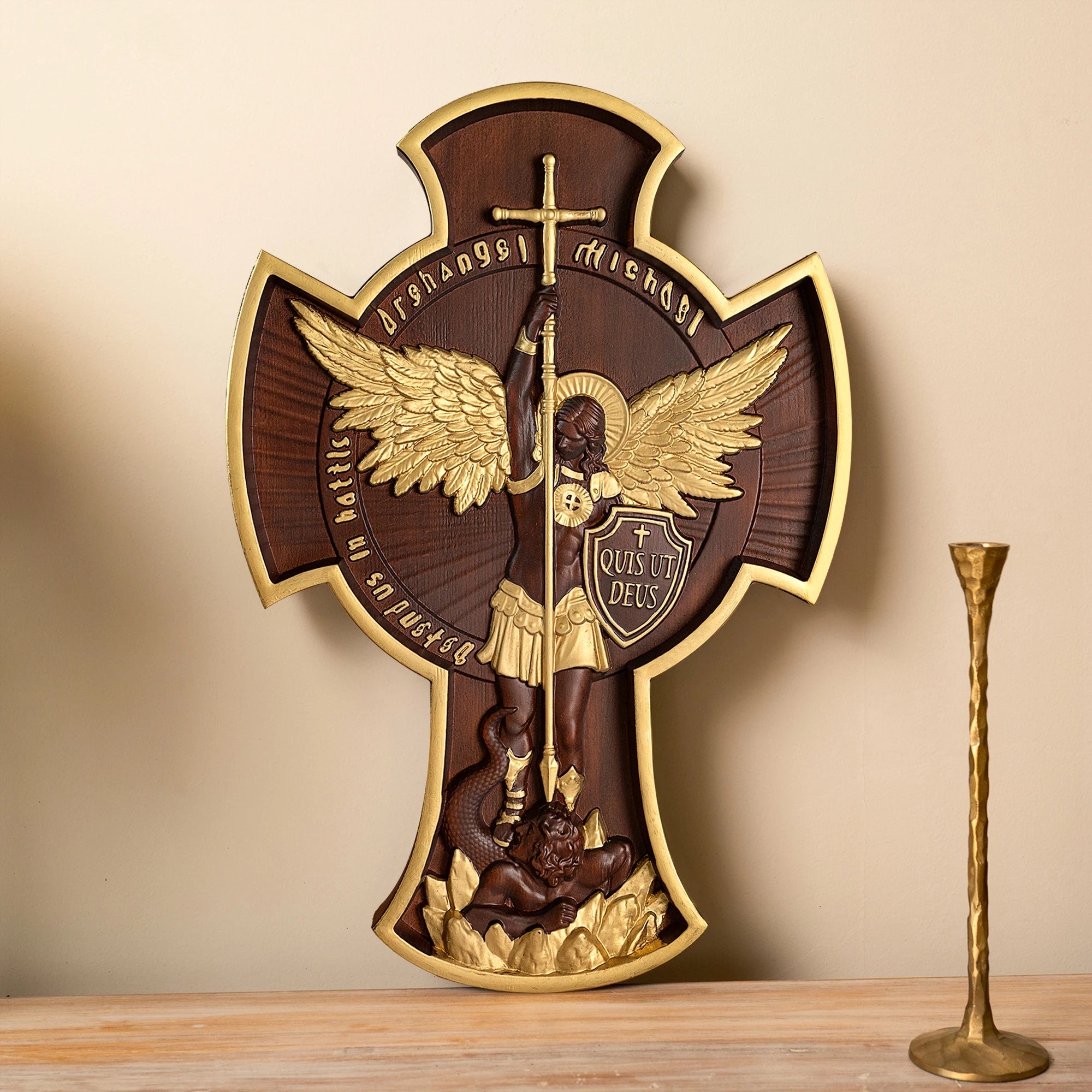 Saint michael archangel cross statue patron religious figure home wall decor wooden christian gift - (christian)