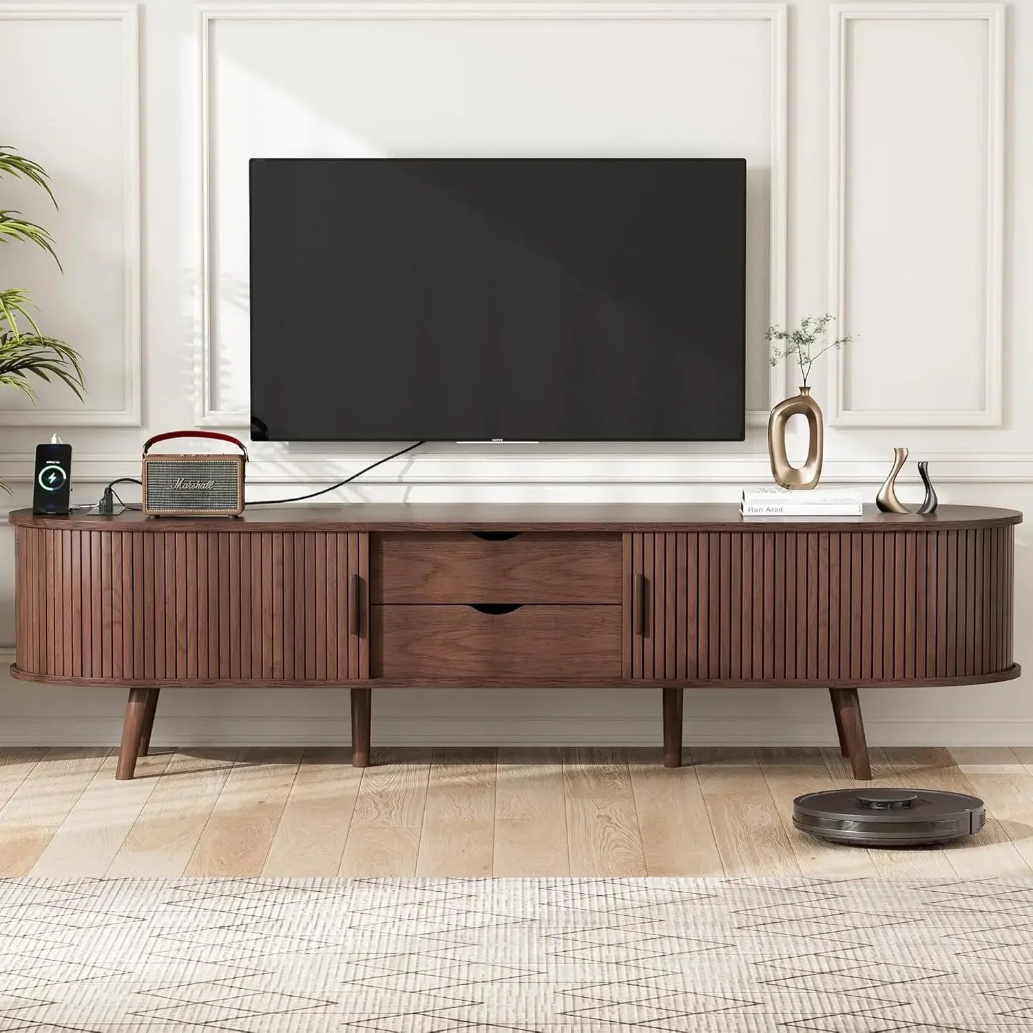 69’’ mid century modern tv stand with charging station,drawer and shelf fluted entertainment center living room bedroom