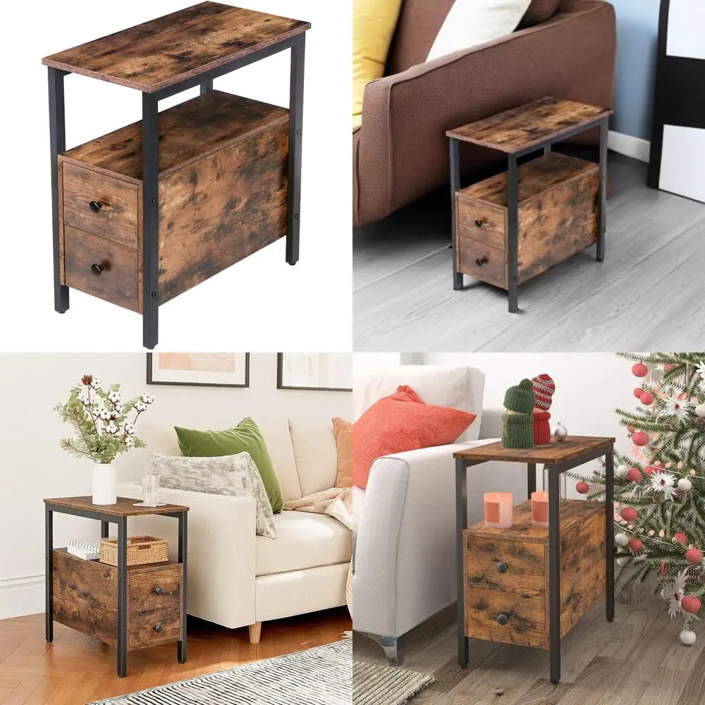 Narrow chairside table with drawer and shelf nightstand for small spaces stable sturdy - rustic brown blac / united