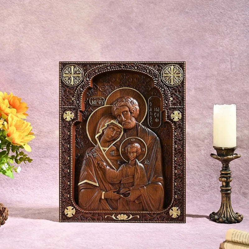 Religious holy family catholic wood carving byzantine icon plaque jesus home hanging decor - (christian)