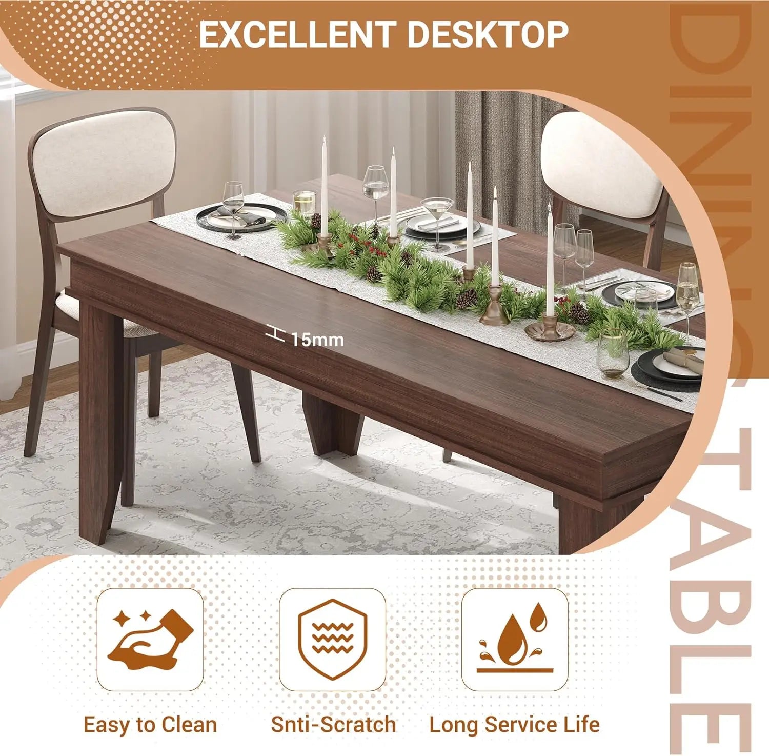 70 inch farmhouse dining table for 4-6 people large wood rectangle kitchen dinner room - brown / united states