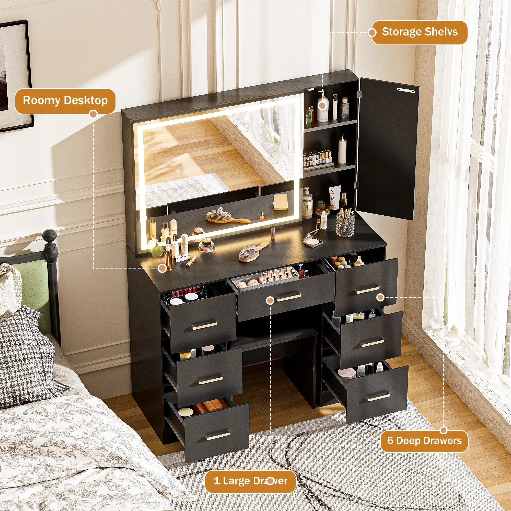 Wooden dressing table with stool/7 drawers/mirror/adjustable brightness suitable for makeup bedroom home room