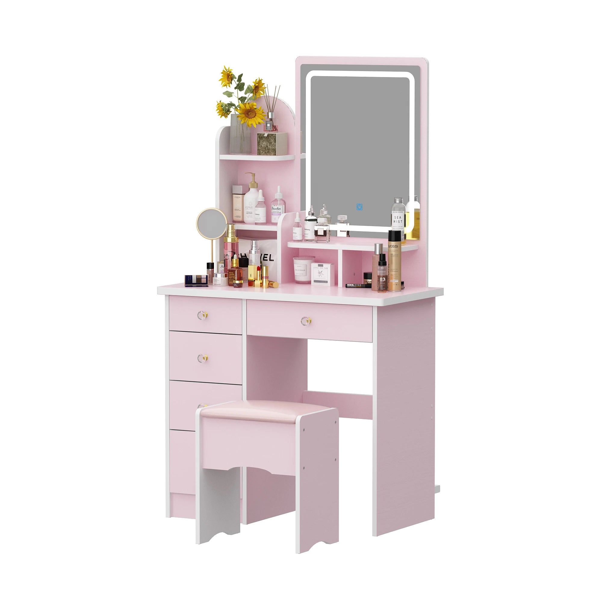 Fufu&gaga makeup vanity desk with lighted mirror set 5 drawers open shelves & cushion stool for bedroom pink - united