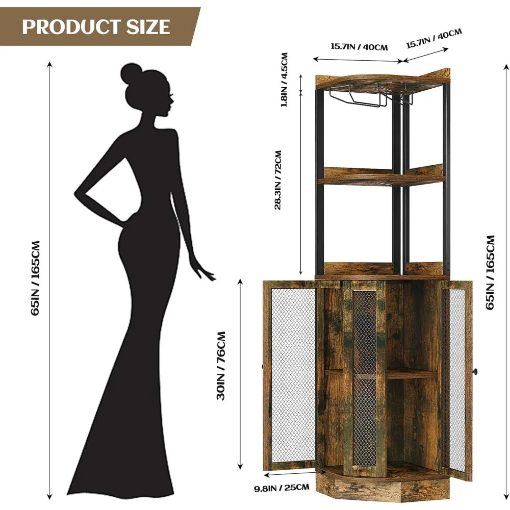 Corner bar cabinet with wine rack 65’’ h 5-tier brown wood liquor display magnetic doors for home living room kitchen s