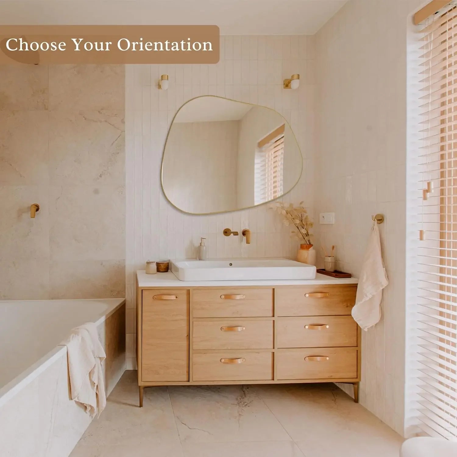 Irregular wall mirror asymmetrical 32’’x24’’ golden wood framed for bathroom bedroom living (gold 32’’x24’’) - united