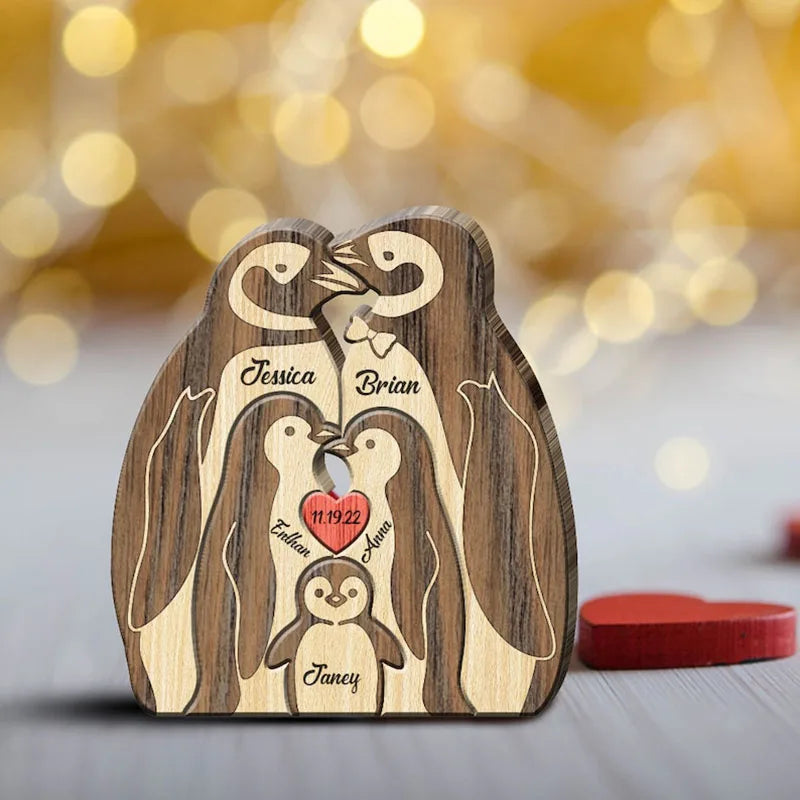 Penguin family puzzle christmas gifts personalized wooden custom engraving names sculpture home holiday decor for mom