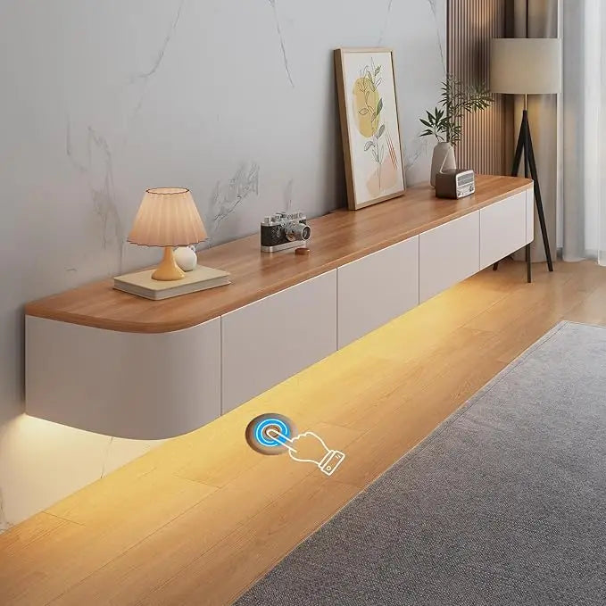 Floating tv stand large shelves wall mounted multi storage compartment tvs media console cabinet bench - wood led