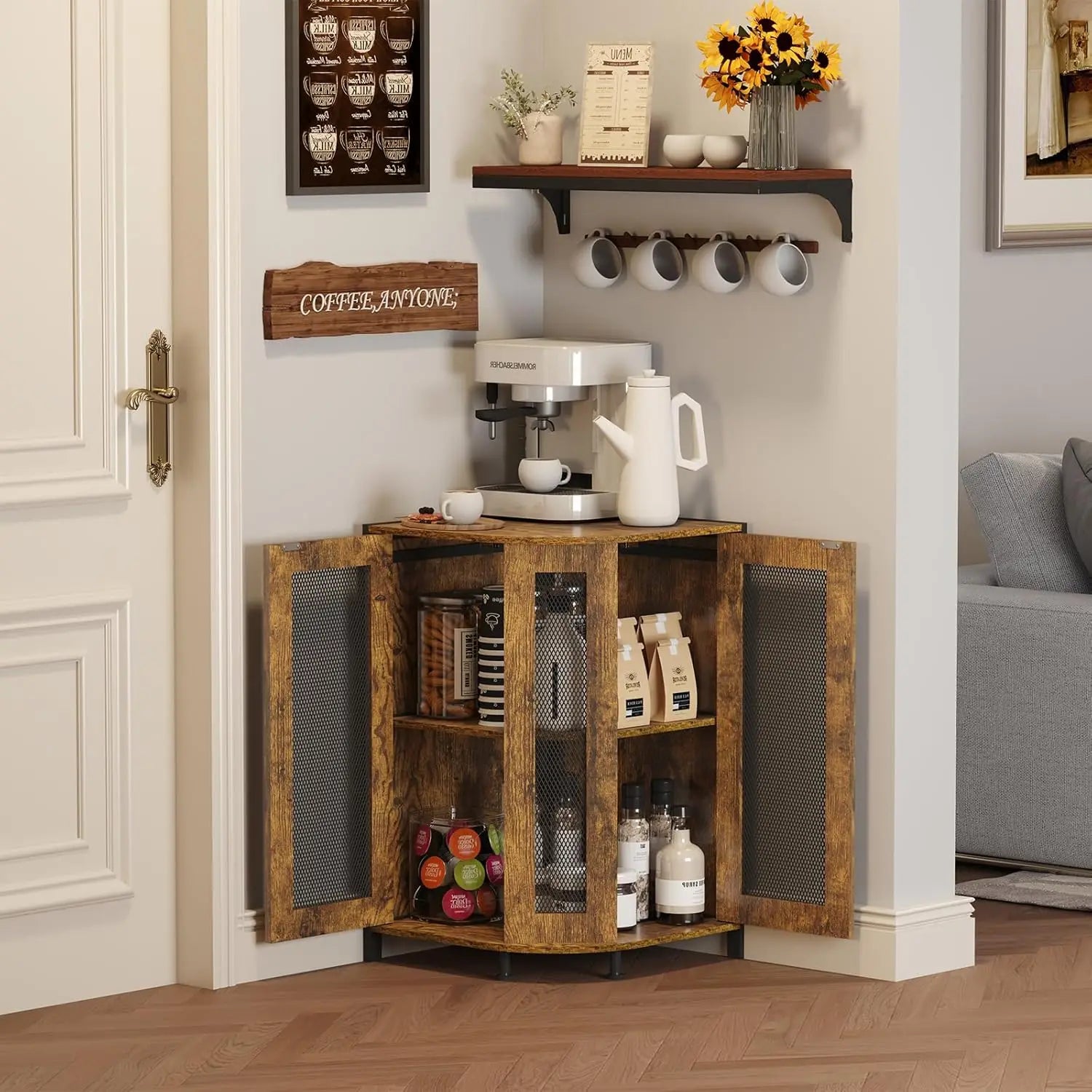 Coffee bar cabinet 3-tier corner with storage shelf & 18.7’’ countertop rustic wood station mag - united states / brown