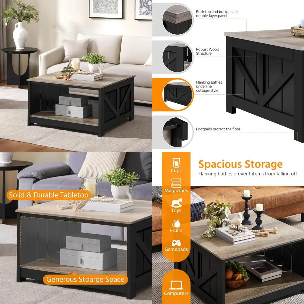 Square wooden coffee table with storage for living room 31.5 inches dining center - united states / gray and black