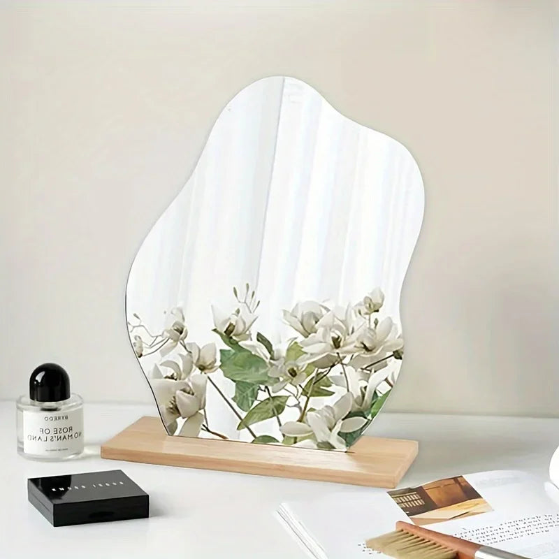 1pc regular aesthetic vanity acrylic mirror frameless cloud shape decorative desk tabletop mirrors with wooden stand
