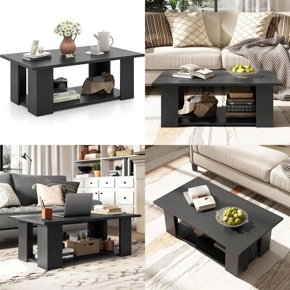 Modern rectangular 2-tier coffee table with 5 wooden support legs for living room decor - united states / black