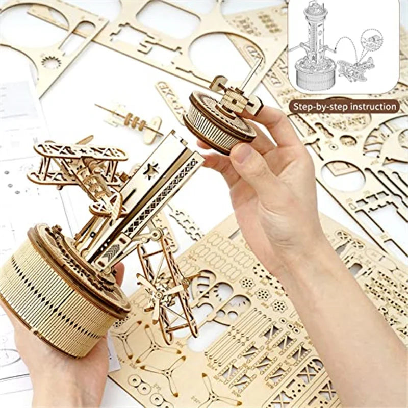 Robotime roker 3d wooden puzzles for adults diy musical box model kit to build self-assembly building airplane-control
