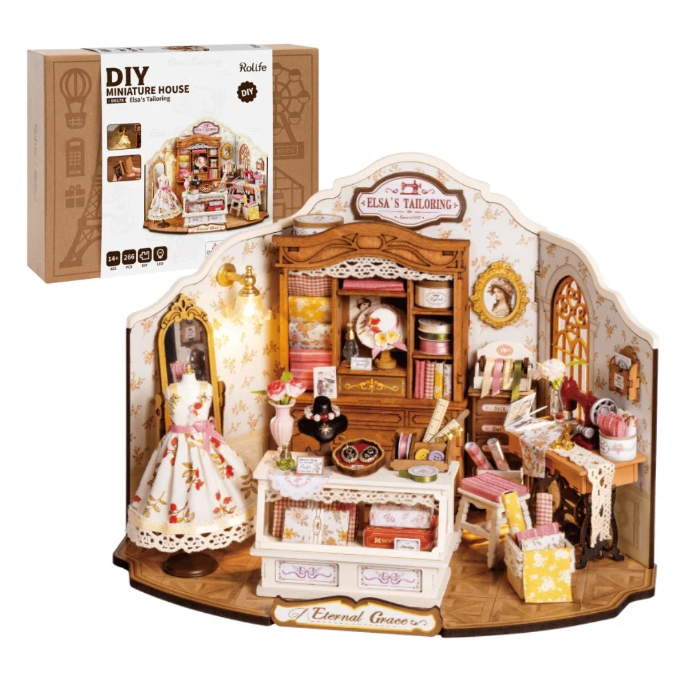 Robotime rolife elsa’s tailoring diy miniature house kit wooden dollhouse with led lights handmade craft gift