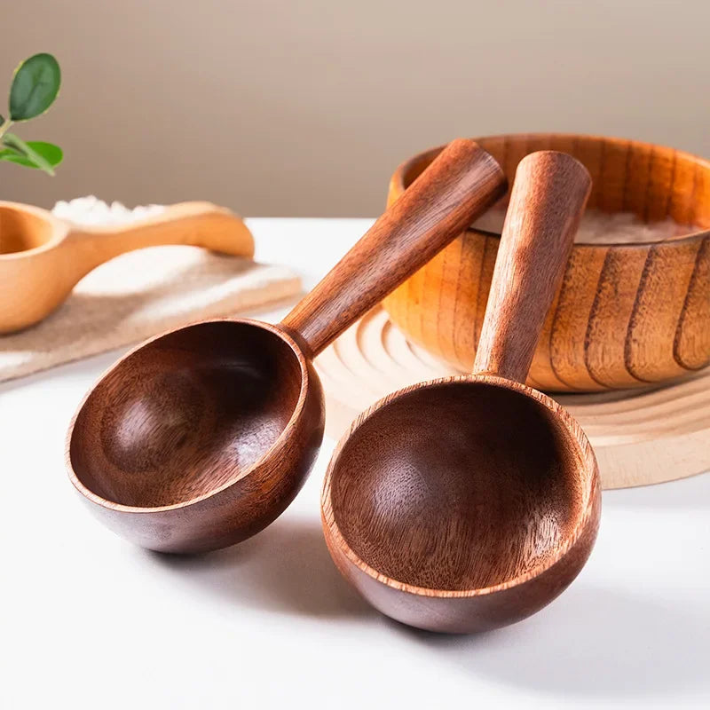 Household long handled wooden spoon for rice washing and water scooping cutlery large