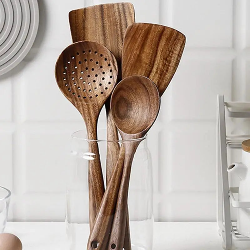 4pcs wooden cooking spoons natural wooden kitchen tableware tool soup spoon colander spoon spatula thin or fork utensils