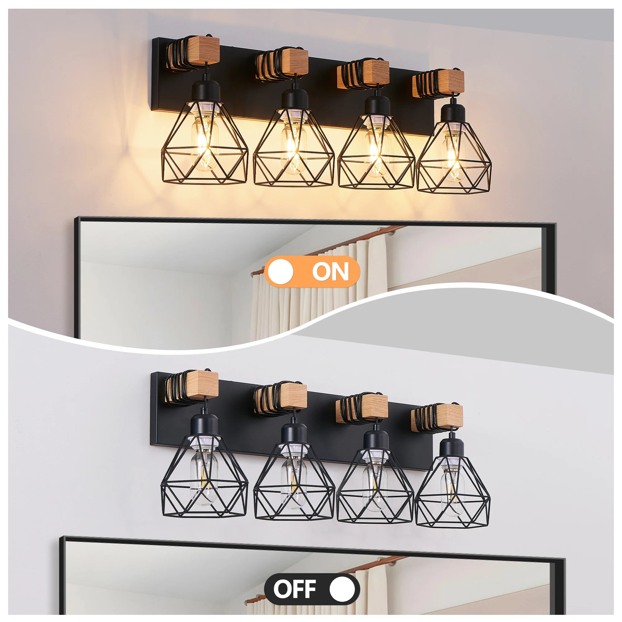 24’’ modern geometric 4-light vanity light fixture with black metal wooden accents and cage lampshade - united states