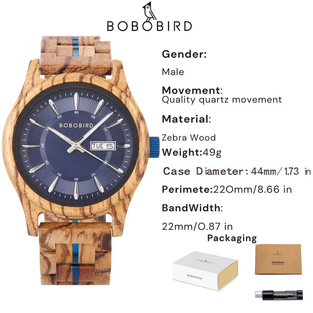 Bobo bird men’s wooden watch with blue dial – natural handmade wood wristwatch date display anniversary gift in box