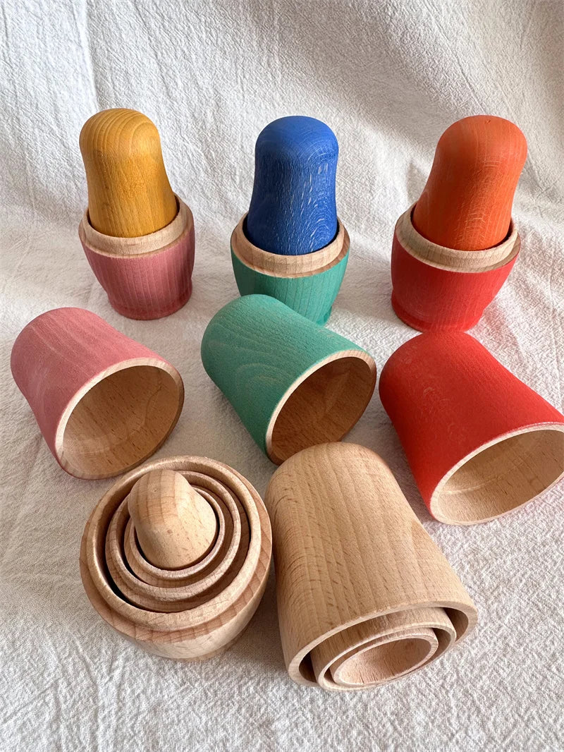 Kids wooden toys beech rainbow stacking bowls dolls matryoshka collectible craft open-ended play - game