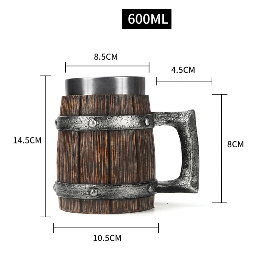 Viking wood style beer mug 3d resin stainless steel coffee cup wine glass metal double wall jug thermal - 120 / 600ml