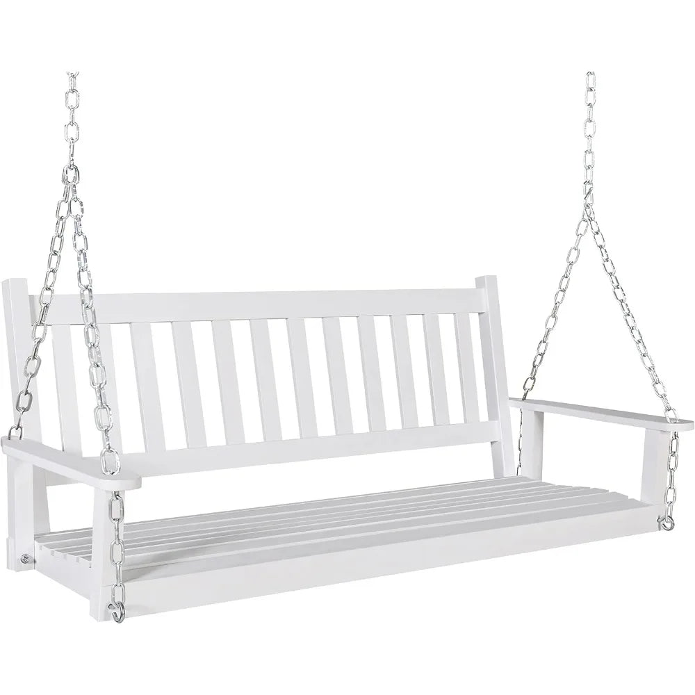 Outdoor patio hanging wooden porch swing 5ft with chains 3-person heavy duty bench for garden and backyard white