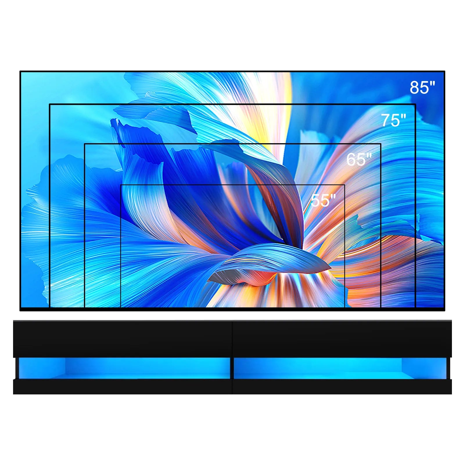 71’’ floating tv stand for 75/80’’ wall mounted led w/power outlets modern high gloss media console white/black