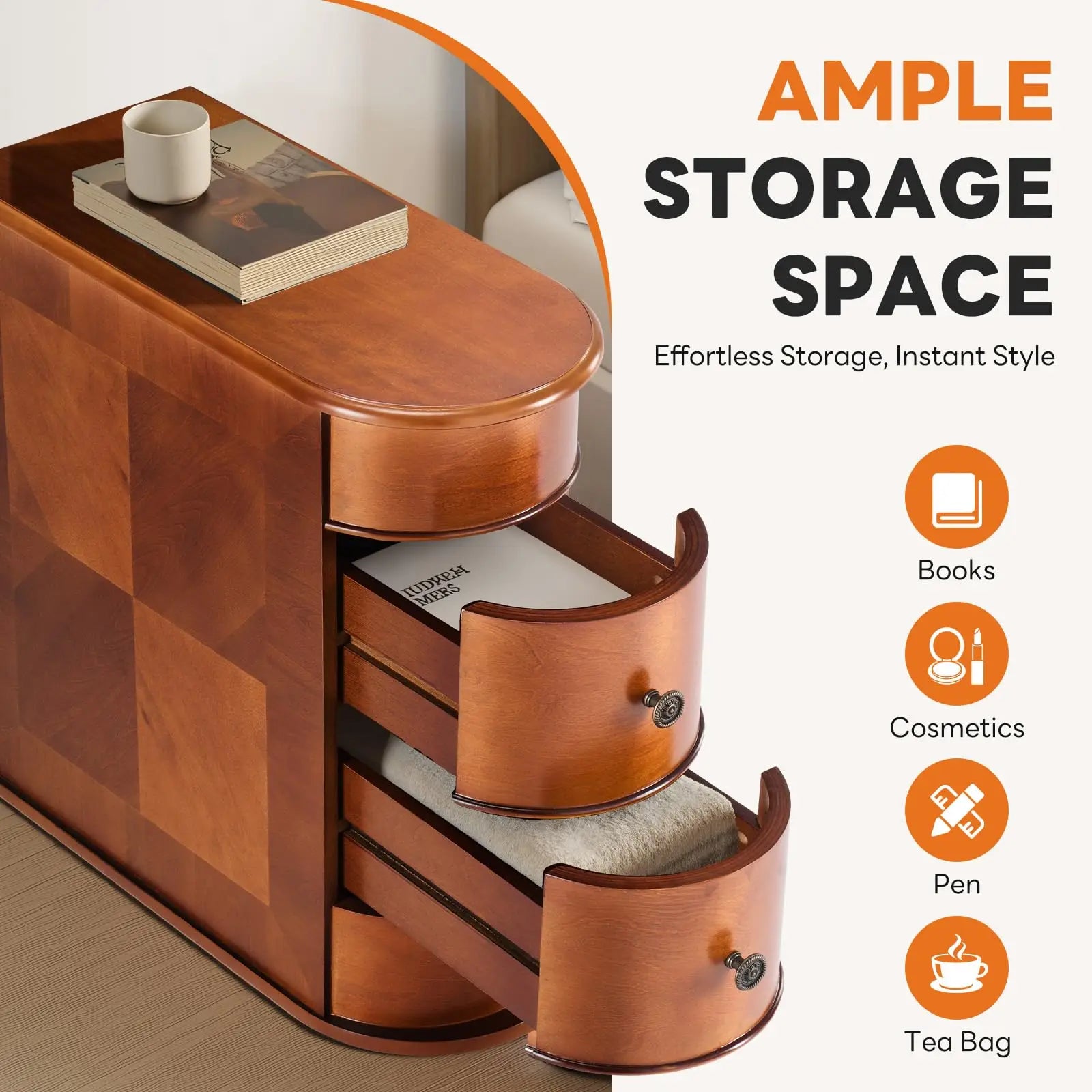 Jhk 24in wood side end table with 2 drawers for living room vintage bedside tables curved edge storage space bedroom