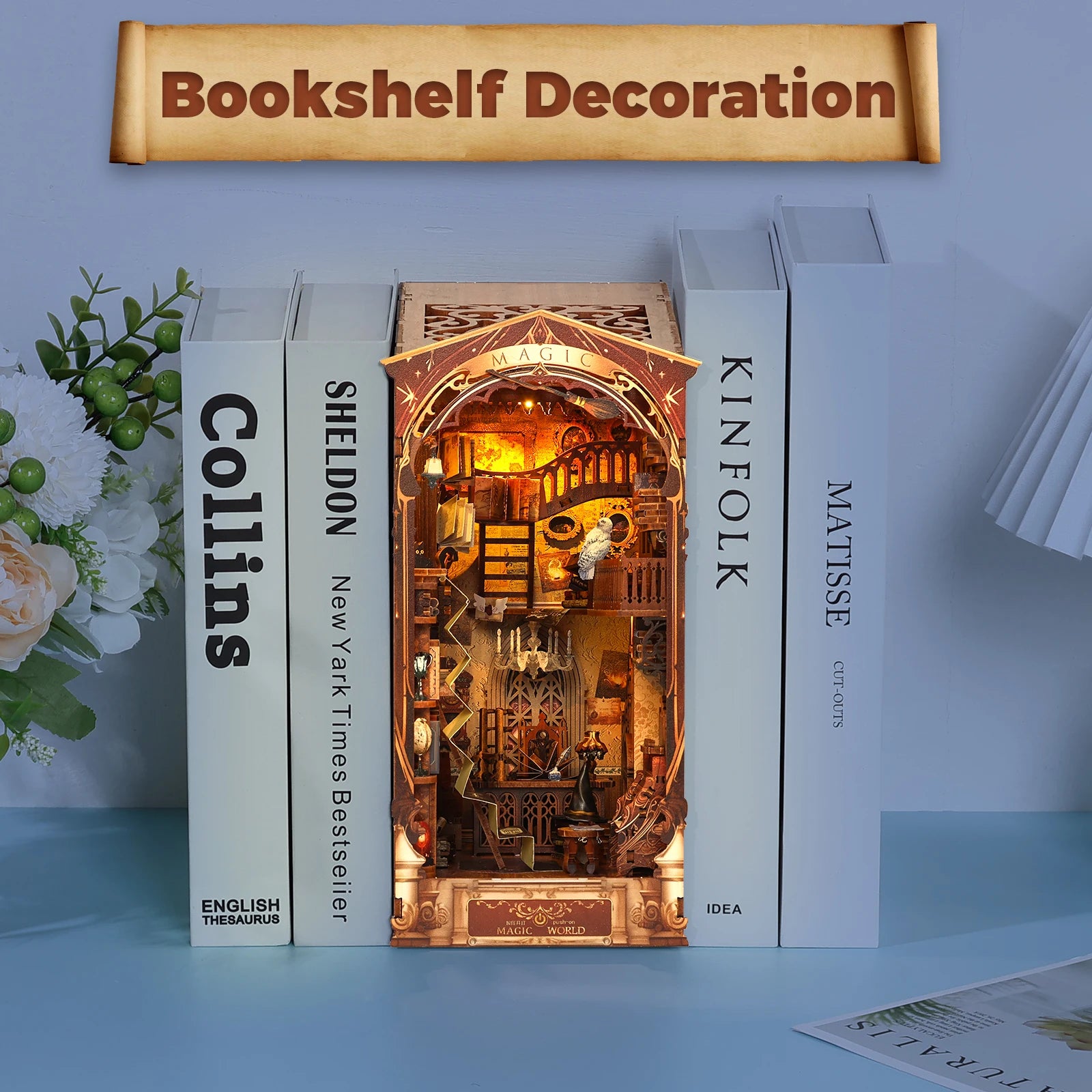 New diy book nook miniatures shelf insert dollhouse model building kit wooden bookshelf bookend home decoration year