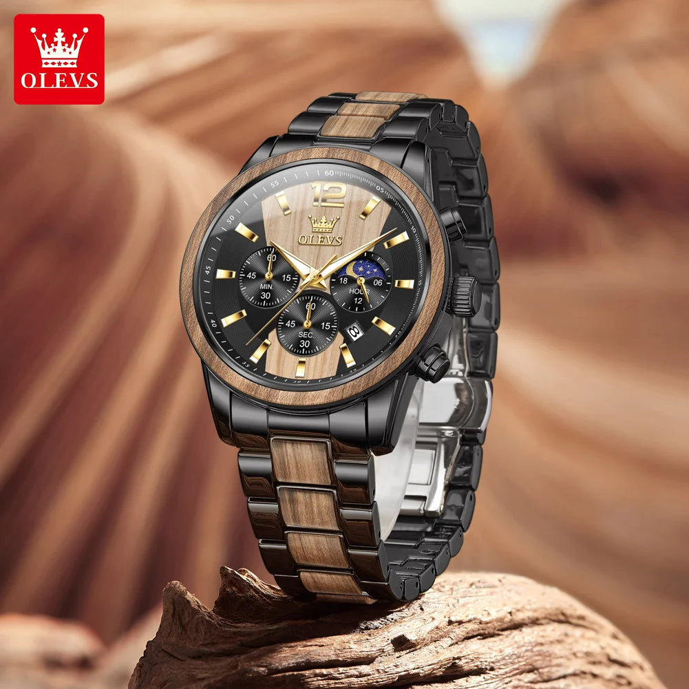 Olevs 3645 mens watch top brand business original quartz solid wood multifunctional chronograph moon phase reloj new