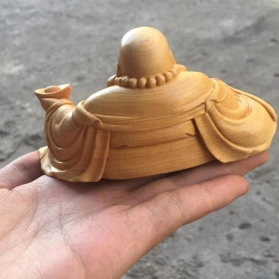 Natural cypress ingot maitreya buddha statue chinese characteristic wood carving home room office god of wealth