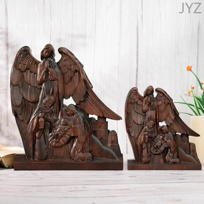 Religious wooden holy family with guardian angel statue,catholic home decor ornament - (christian)