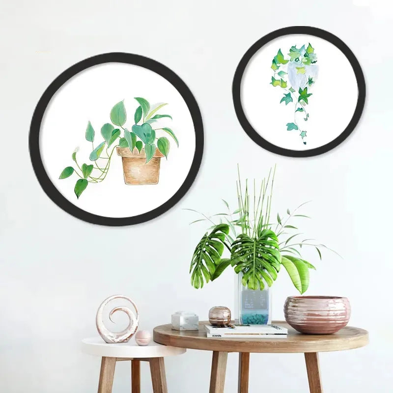 Classic wood round photo frame simple nordic style picture frames hanging solid color background wall decoration