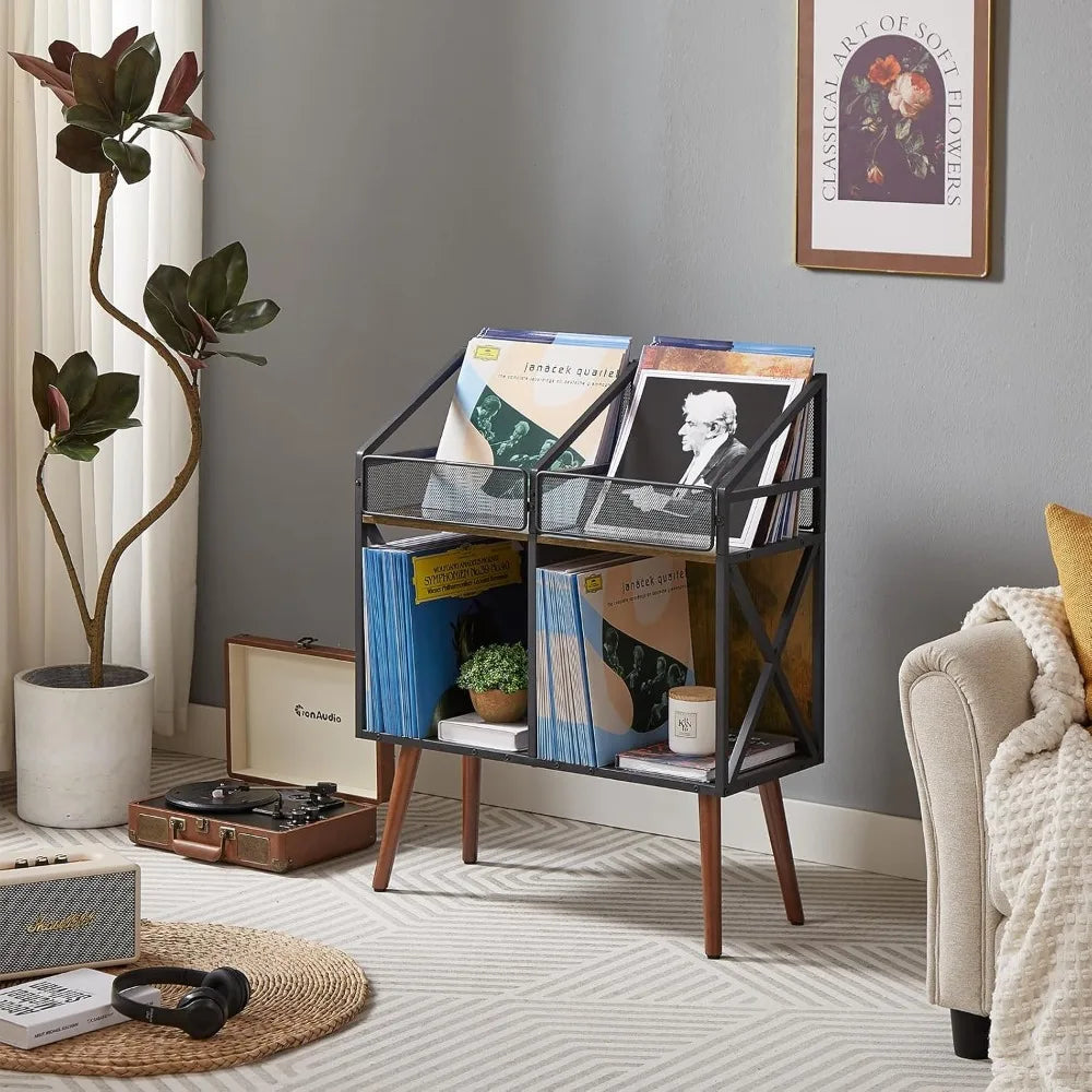 Wooden record storage rack for 250 lps display table albums books and magazines in living room or bedroom - united