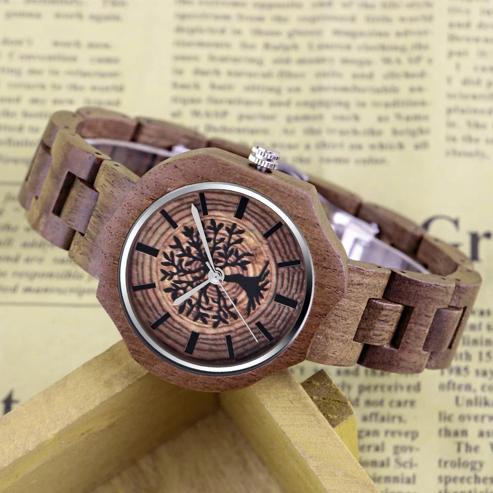 Haute tree-of-life wood quartz watch feather-light folding buckle wooden strap sophisticated business timepiece for men