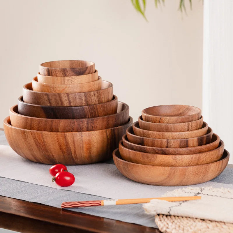 New natural hand-made wooden salad bowl classic large round acacia wood soup dining plates premium kitchen utensils