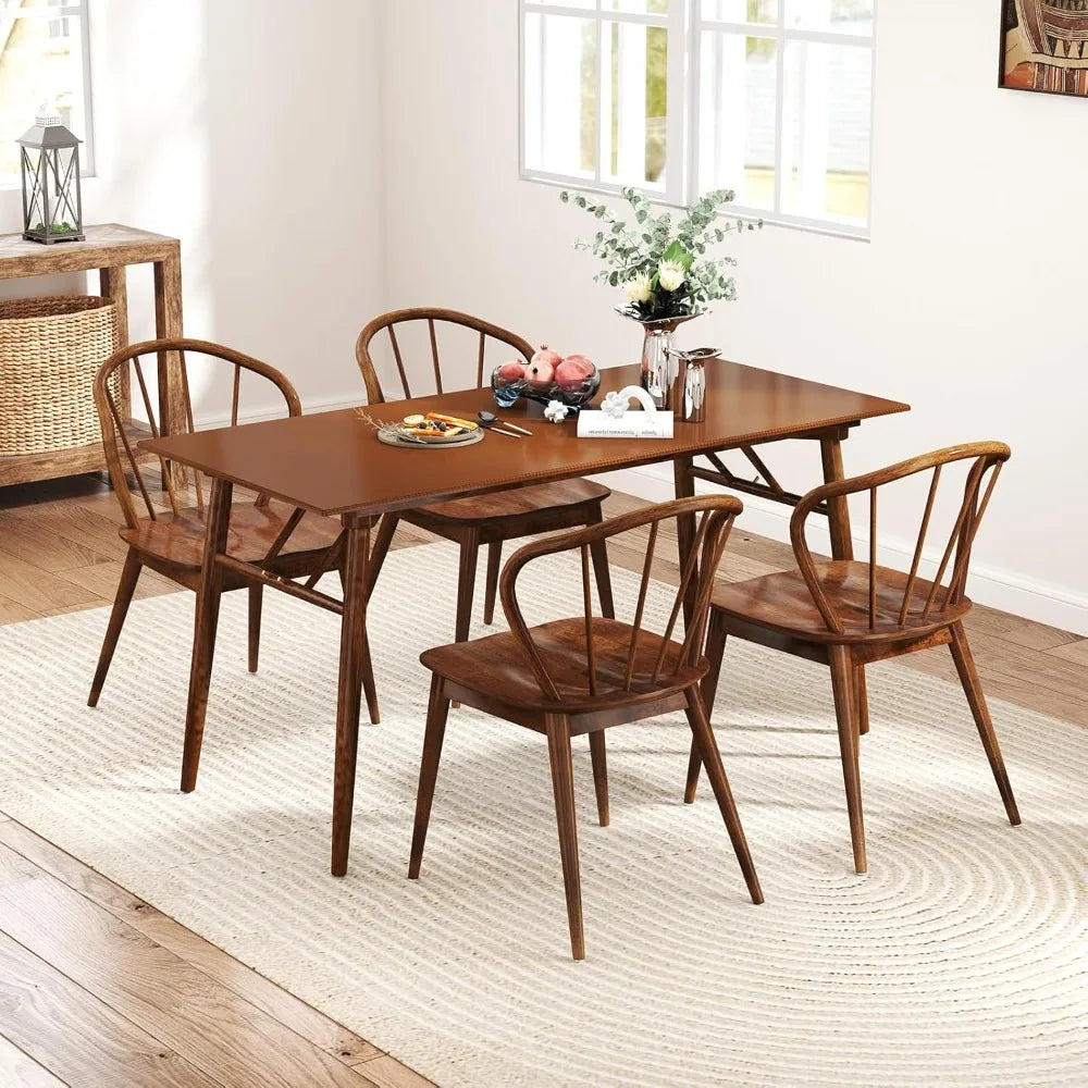 Wooden dining chairs set of 2 windsor kitchen w/high spindle back & rubber wood legs wide seat curved backres - walnut