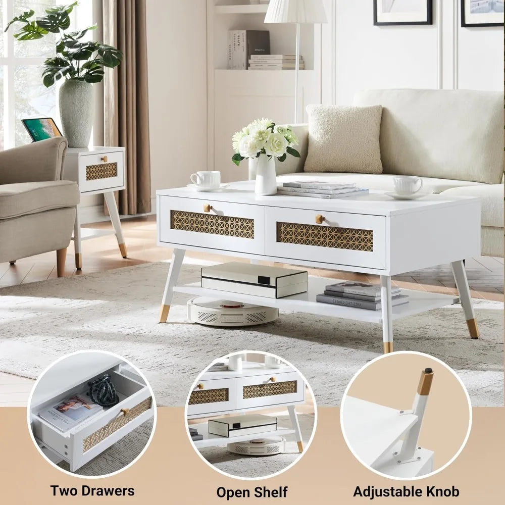 Wooden mid century modern coffee table retangle accent center with two drawers tables for living room white