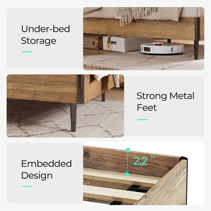 Size bed frame wood with ergonomic headboard full storage shelf noise-free no box spring needed - b - united states