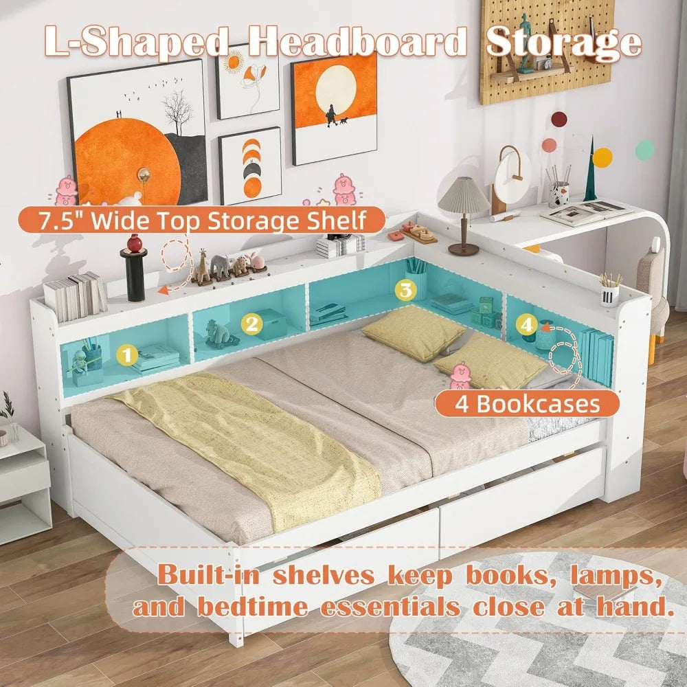 Full size daybed with storage and drawers l-shaped corner bed frame bookcase headboard solid wood captains
