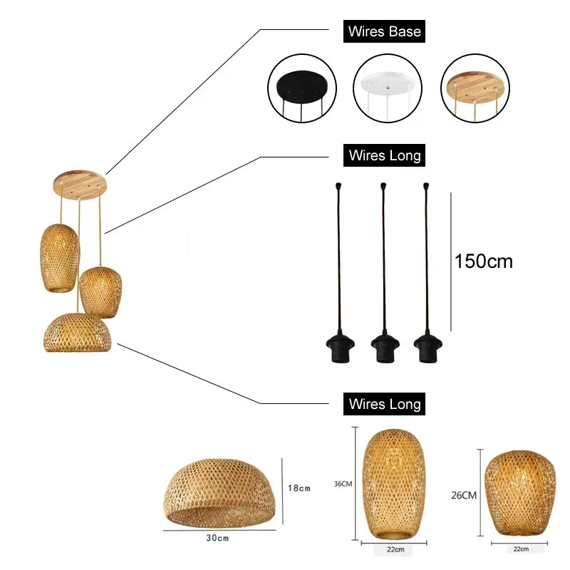 Classic 3pcs pendant lamps bambooo wooden e27 chandeliers illumination ceiling lights living room bedroom home lighting