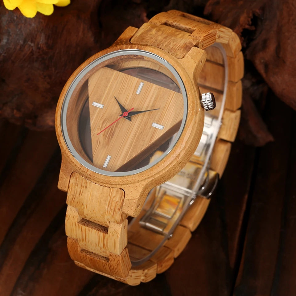 Geometric mens watches superb inverted triangle bamboo wooden band clock male full quartz wristwatches relogio masculino