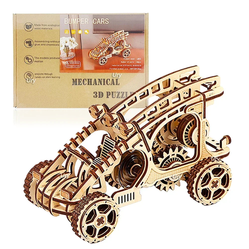 Ury 3d wooden puzzle movable retro biplane crane bulldozer handmade assembly truck model diy toys decoration gift