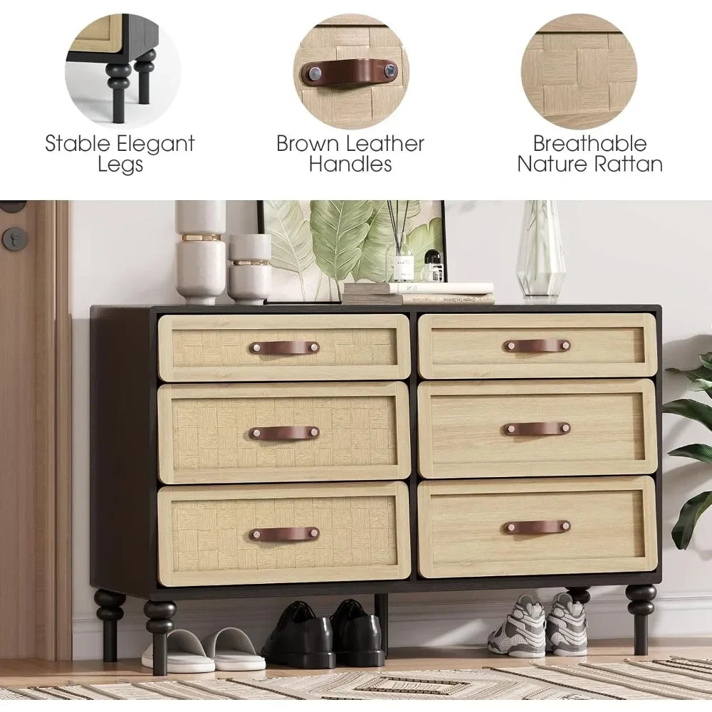 6 dresser drawers for bedroom wooden natural rattan chest of modern storage cabinet w/ design close - black oak